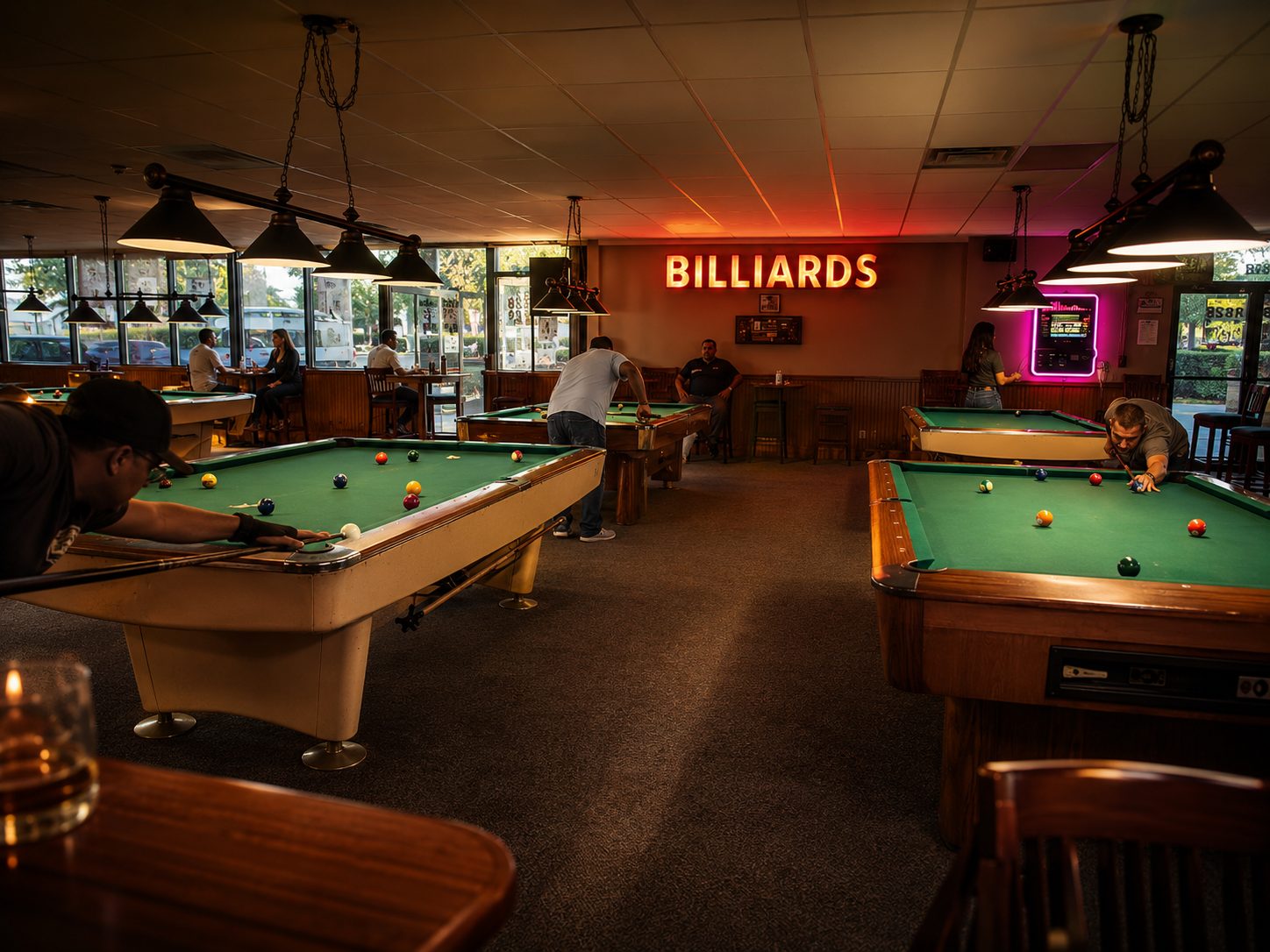 Cozy upscale pool hall lit by low hanging gold lamps with neon sign
